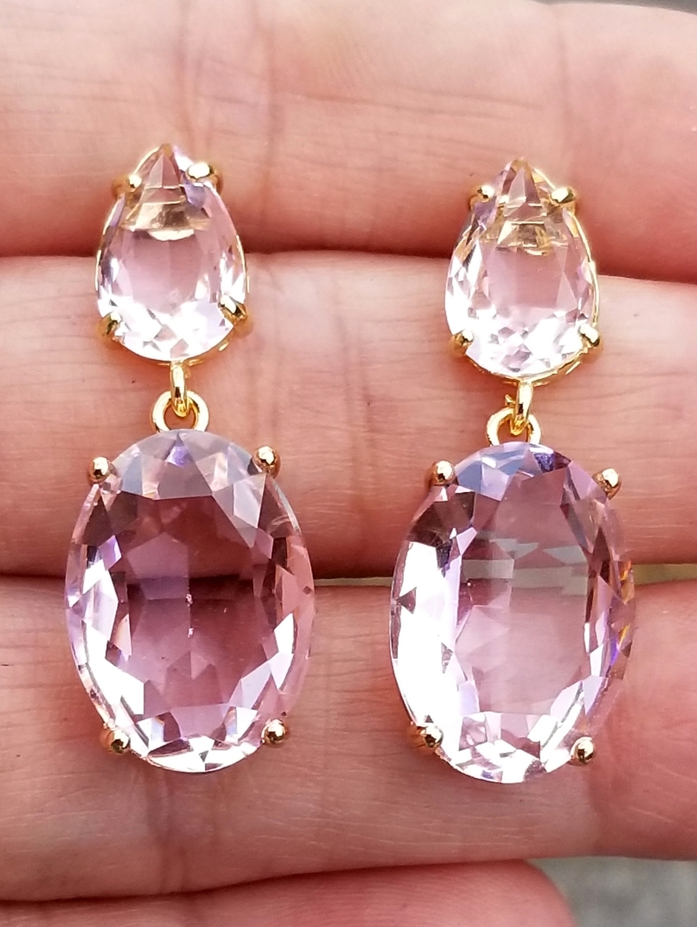 14k Gold Pink Tourmaline Double Drop Stud Earrings, Tourmaline Dangle Earrings